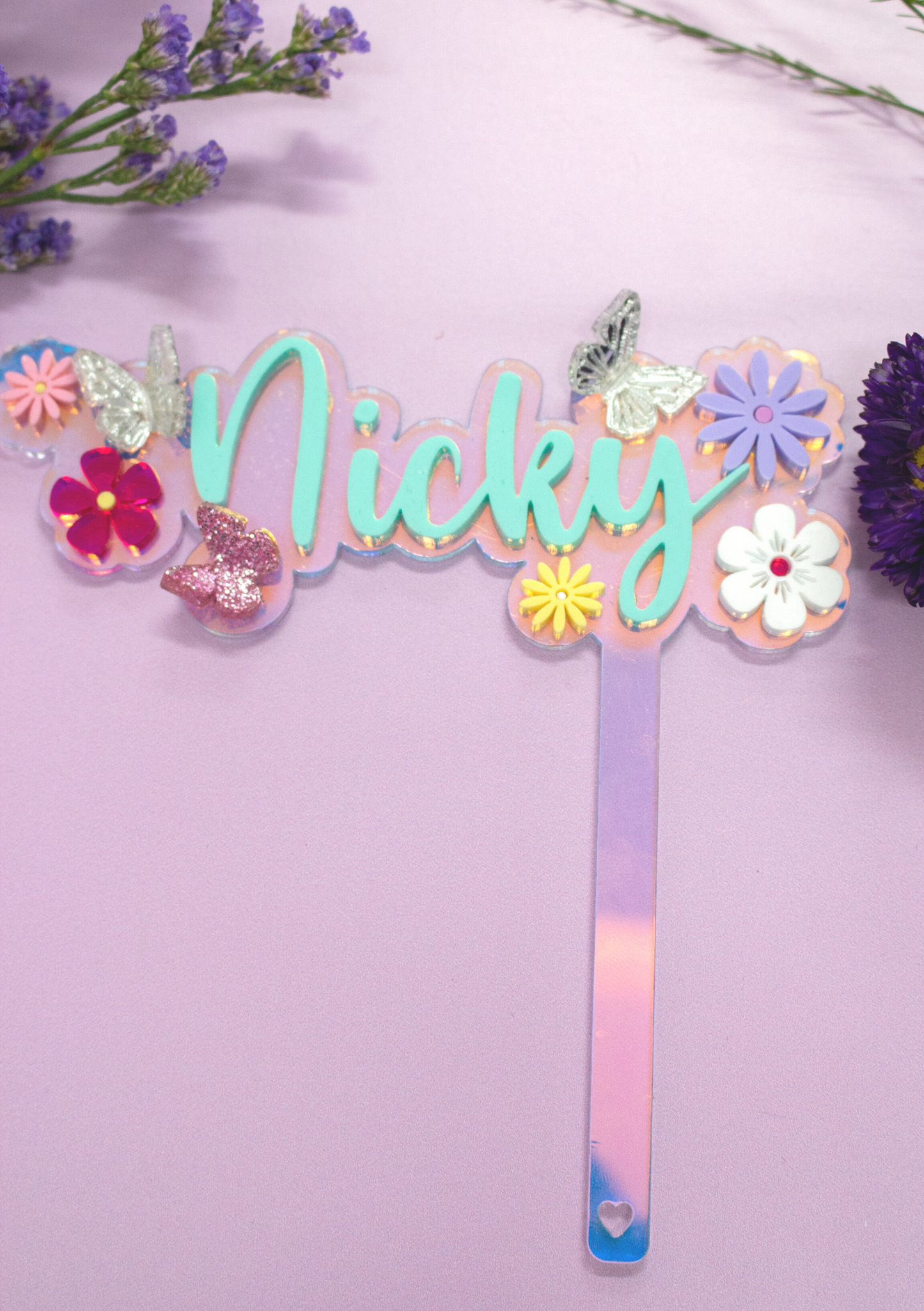 Personalised Name Cake Topper with 3D Butterflies and Sparkle Flower Detail