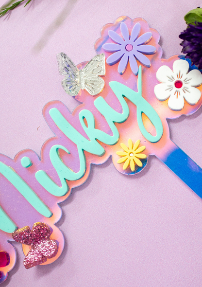 Personalised Name Cake Topper with 3D Butterflies and Sparkle Flower Detail