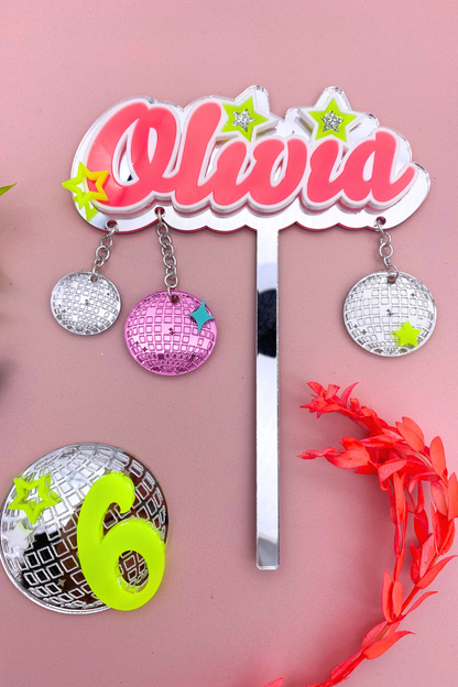 Neon Disco Cake Topper and Age Charm