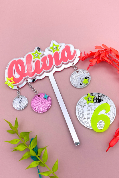 Neon Disco Cake Topper and Age Charm