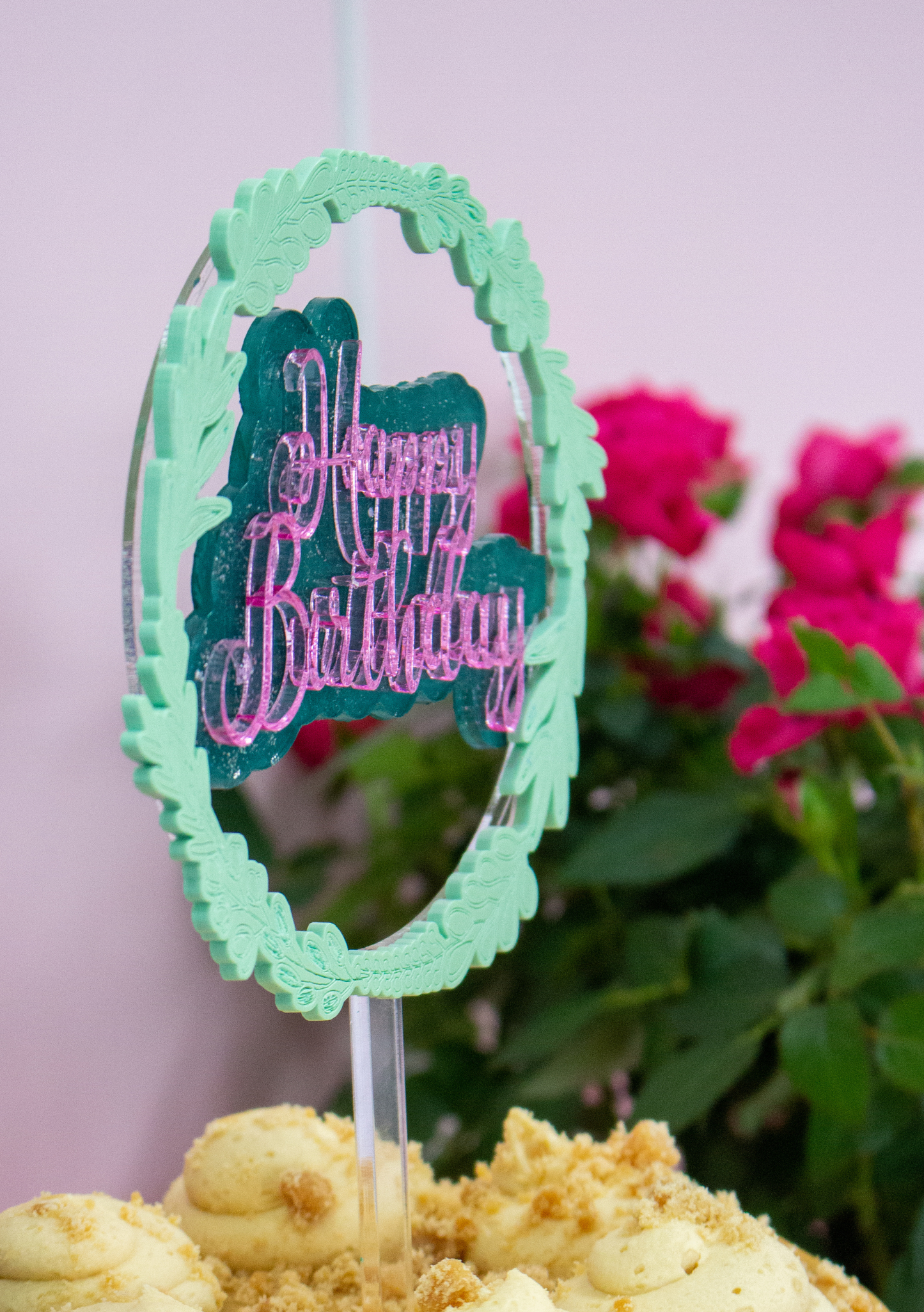 Happy Birthday Pink Mirror & Forest Green Wreath Design Cake Topper