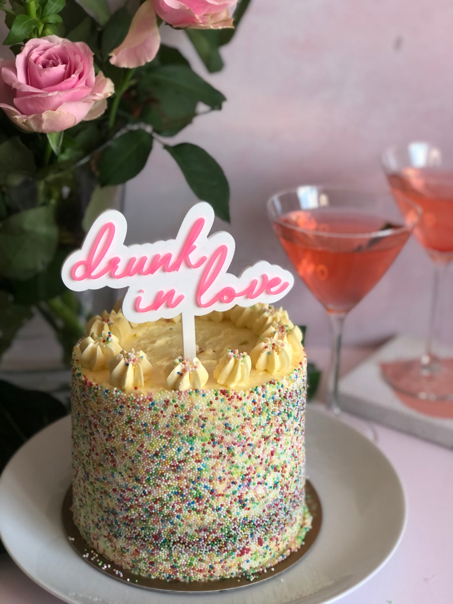 Drunk in Love Neon and White 2 Layer Cake Topper