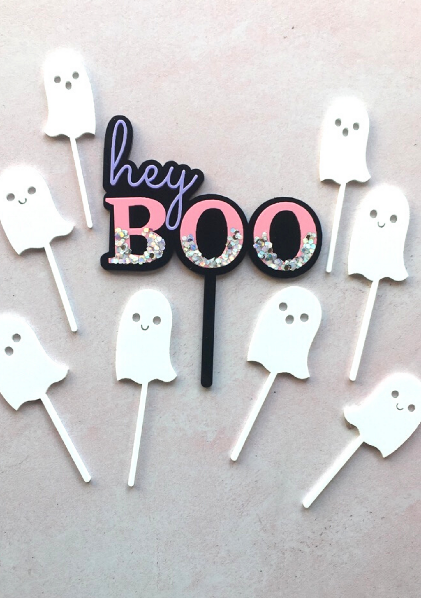 Hey Boo Halloween Sparkly Topper and Ghost Mini Topper SET