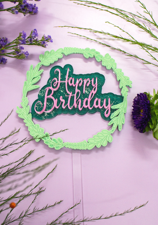 Happy Birthday Pink Mirror & Forest Green Wreath Design Cake Topper