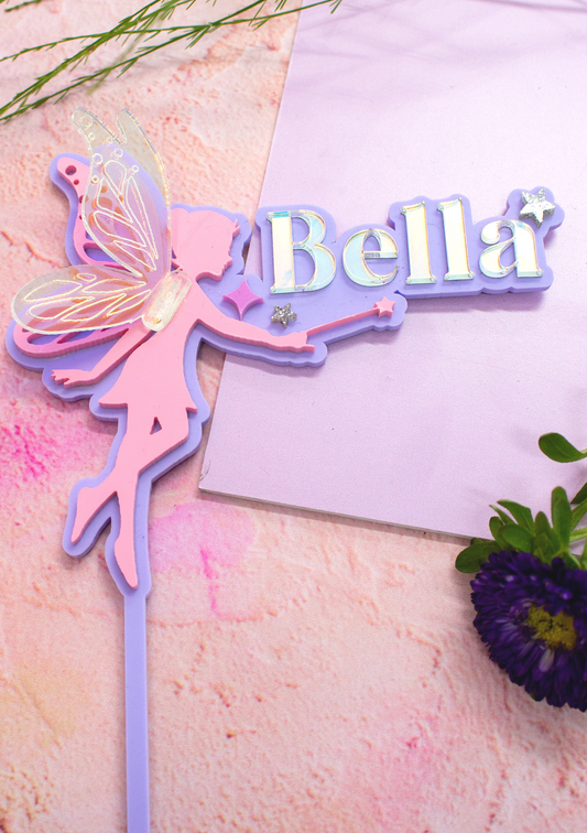 Personalised Fairy Cake topper with Pearl 3D Wing Detail and Sparkles