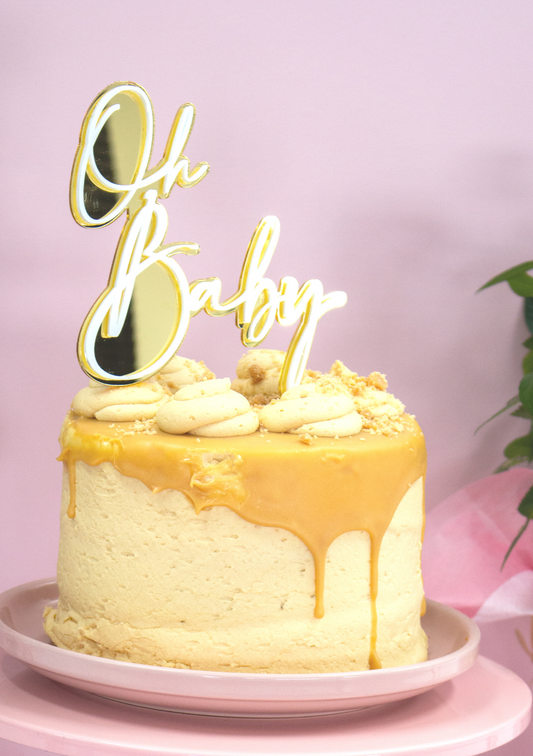 Oh Baby Wording White & Metallic Script baby shower cake topper