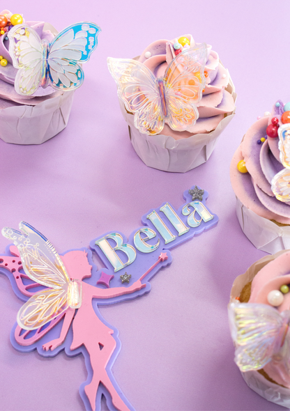 Personalised Fairy Cake topper with Pearl 3D Wing Detail and Sparkles