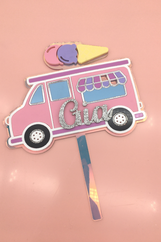 Ice Cream Truck Cake Topper with Glitter Name