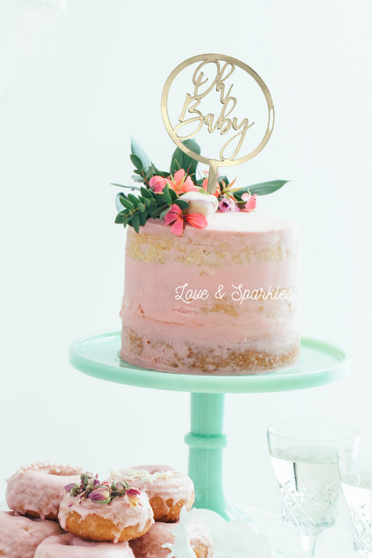 Oh Baby Circular Rose Gold Baby Shower Cake Topper