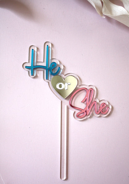 He or She Gender Reveal Baby Shower Cake Topper