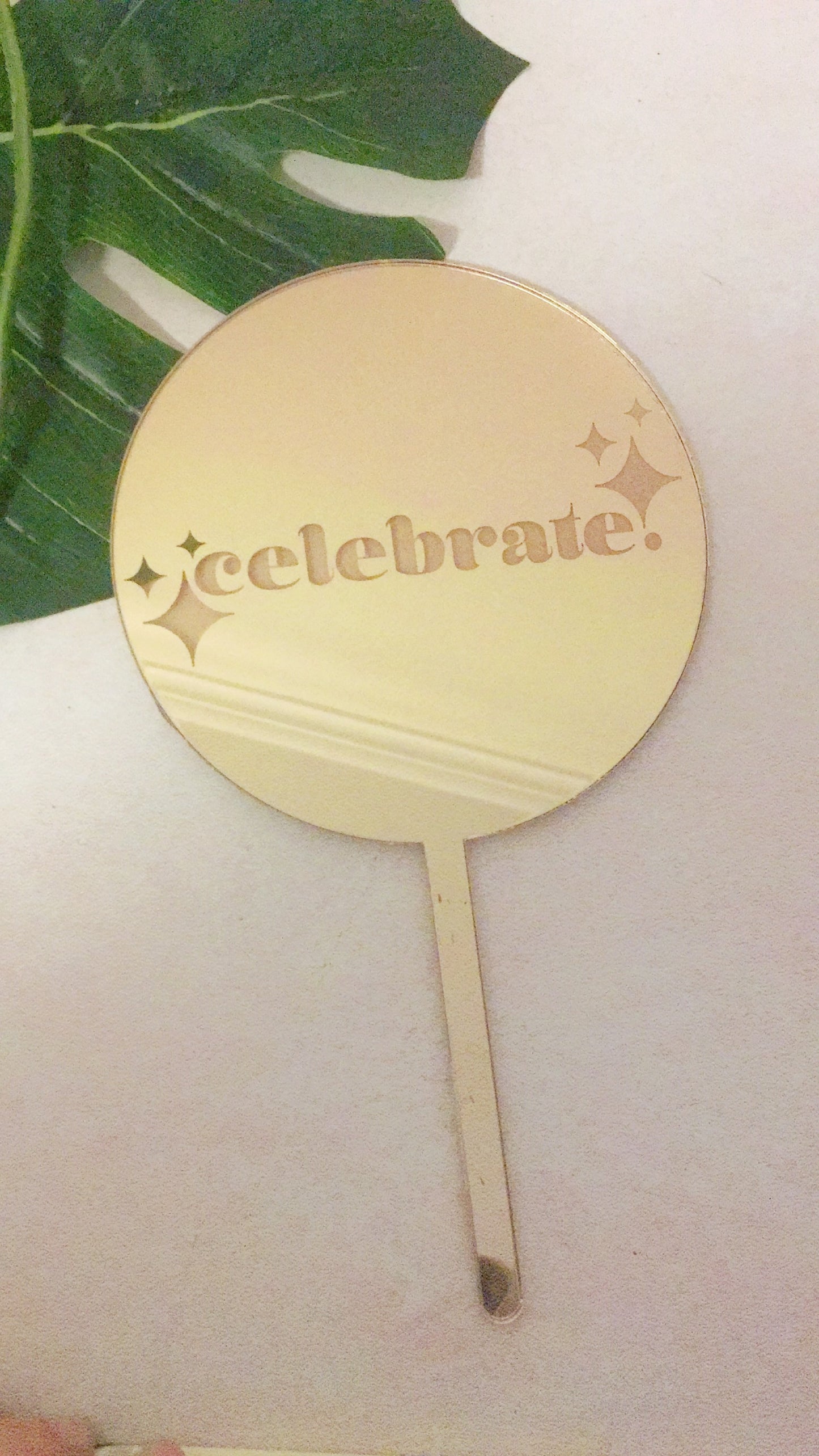 Celebrate Round Mirror Etched Cake Topper