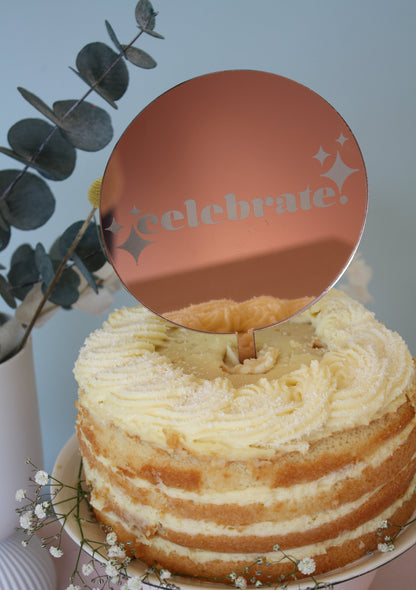 Celebrate Round Mirror Etched Cake Topper