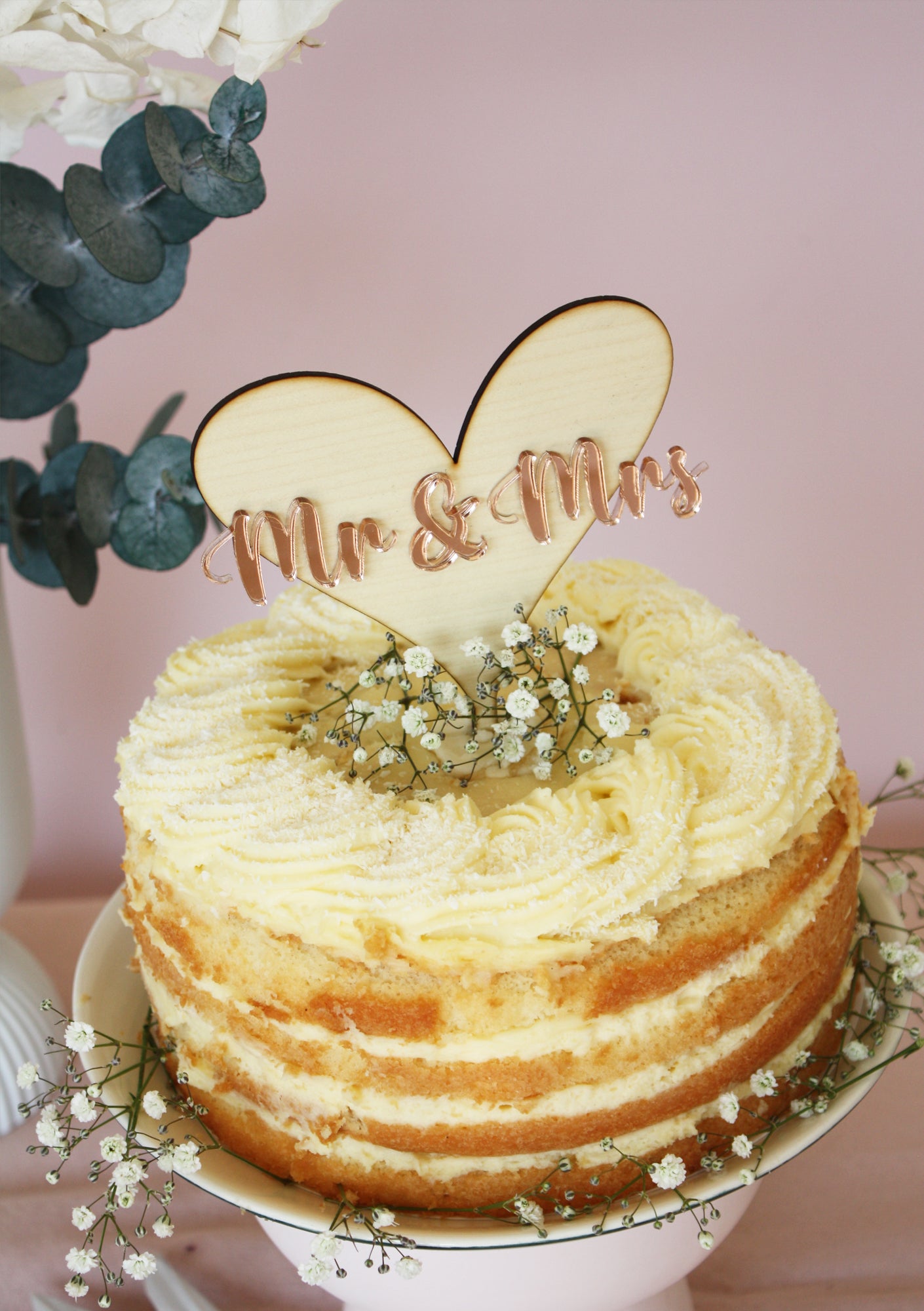 Wooden Heart and Rose Gold Mr & Mrs Cake Topper