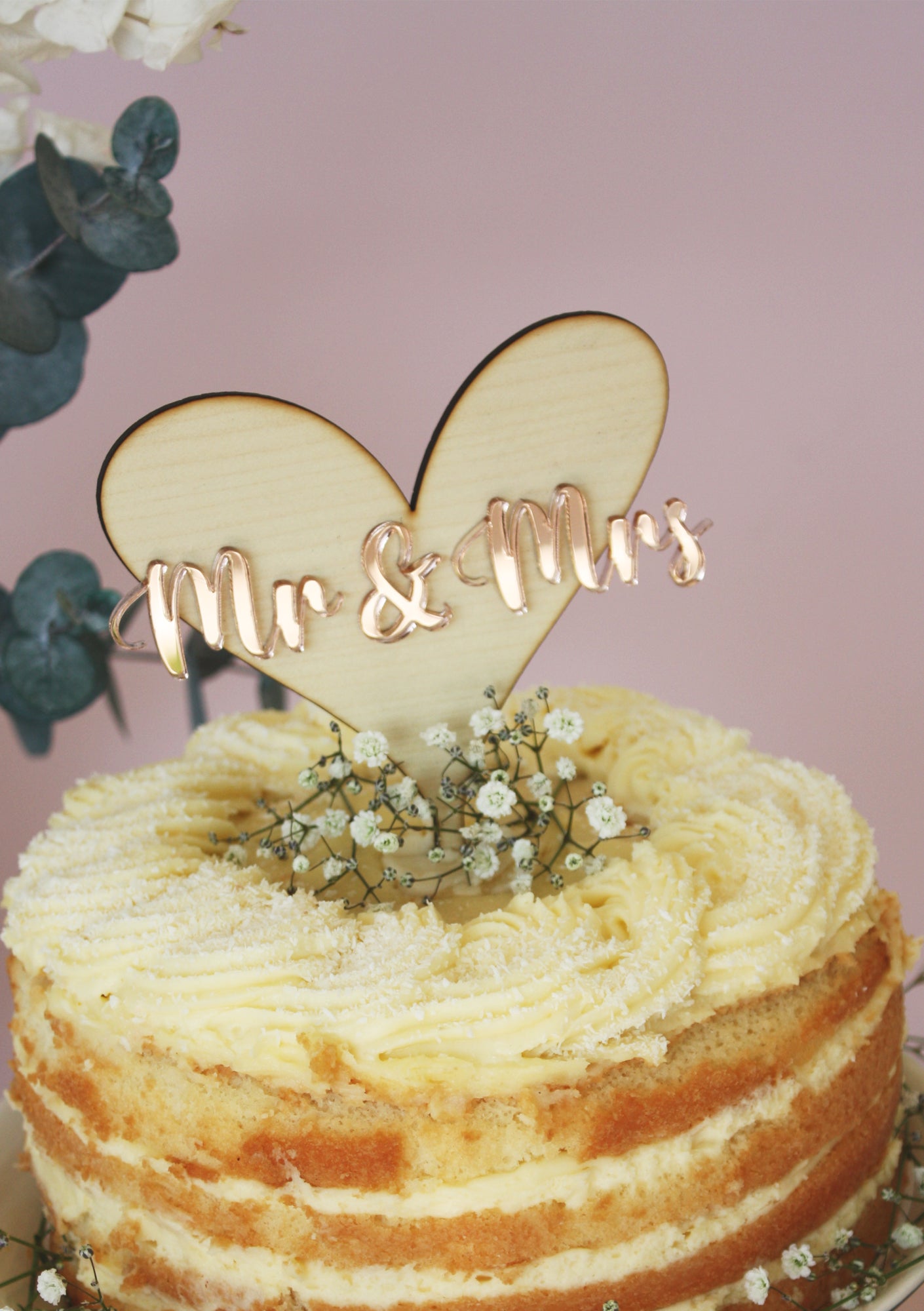 Wooden Heart and Rose Gold Mr & Mrs Cake Topper