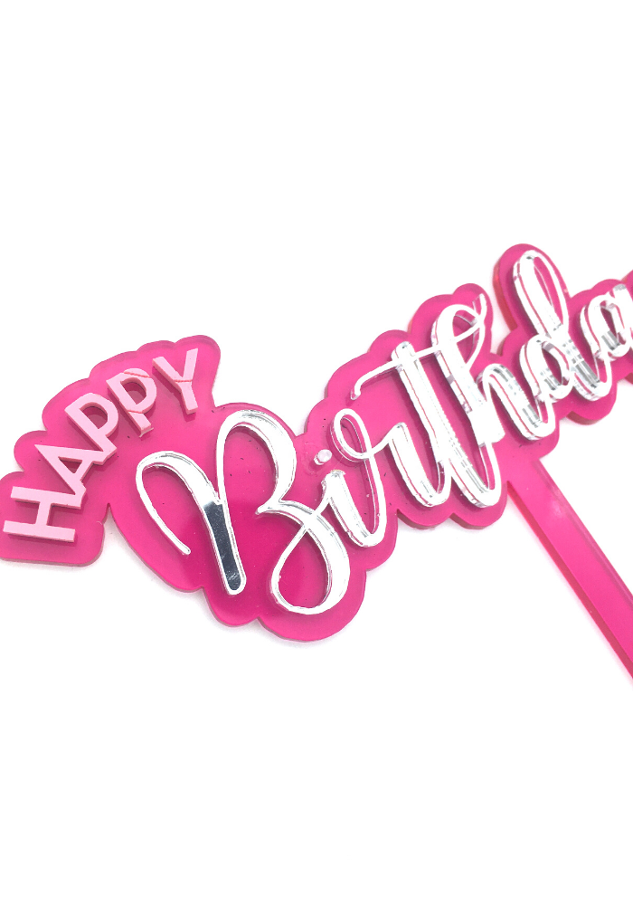 Bright Pink & Silver Happy Birthday Cake Topper