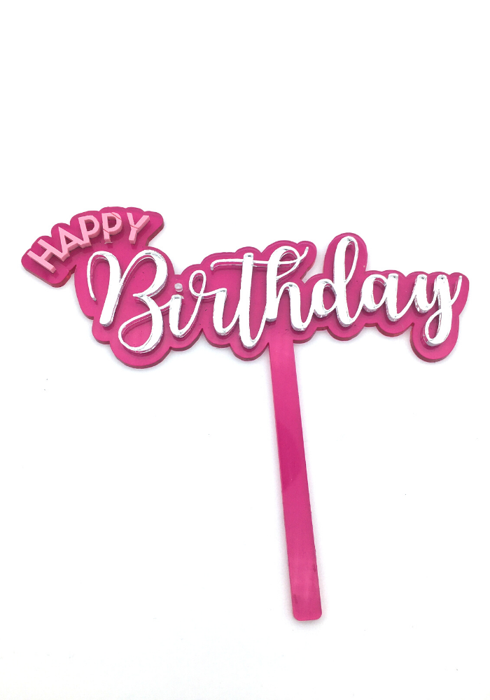 Bright Pink & Silver Happy Birthday Cake Topper